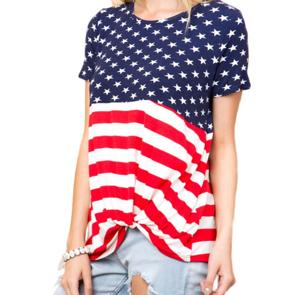 Blue The Stars and Stripes Front Knot T-shirt